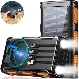 45800mAh Solar Power Bank 15W with Hand Crank & Cables & Wireless Charger, Solar Charger Compatible for iPhone & Android Phone