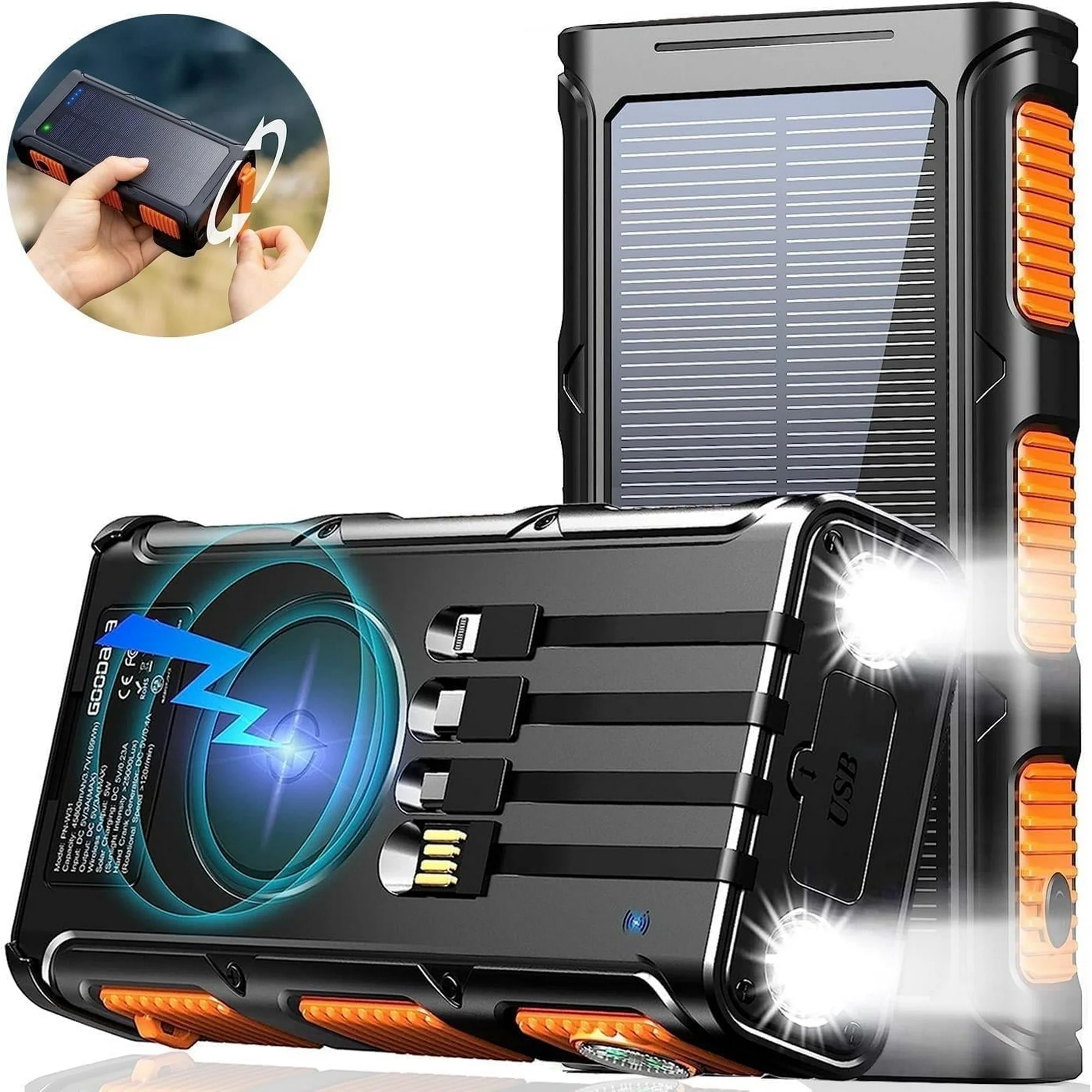 45800mAh Solar Power Bank 15W with Hand Crank & Cables & Wireless Charger, Solar Charger Compatible for iPhone & Android Phone