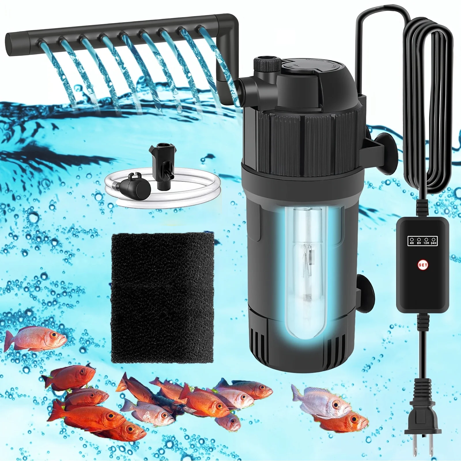 5 in 1 Aquarium Filter, OneHome U-V Light Fish Tank Filter 105 GPH Green Water Cleaning Filter Pump with Timer, Dual Mode (Aeration/Rainfall) for 10-40 Gallon Aquariums (3W U-V 4W Pump)