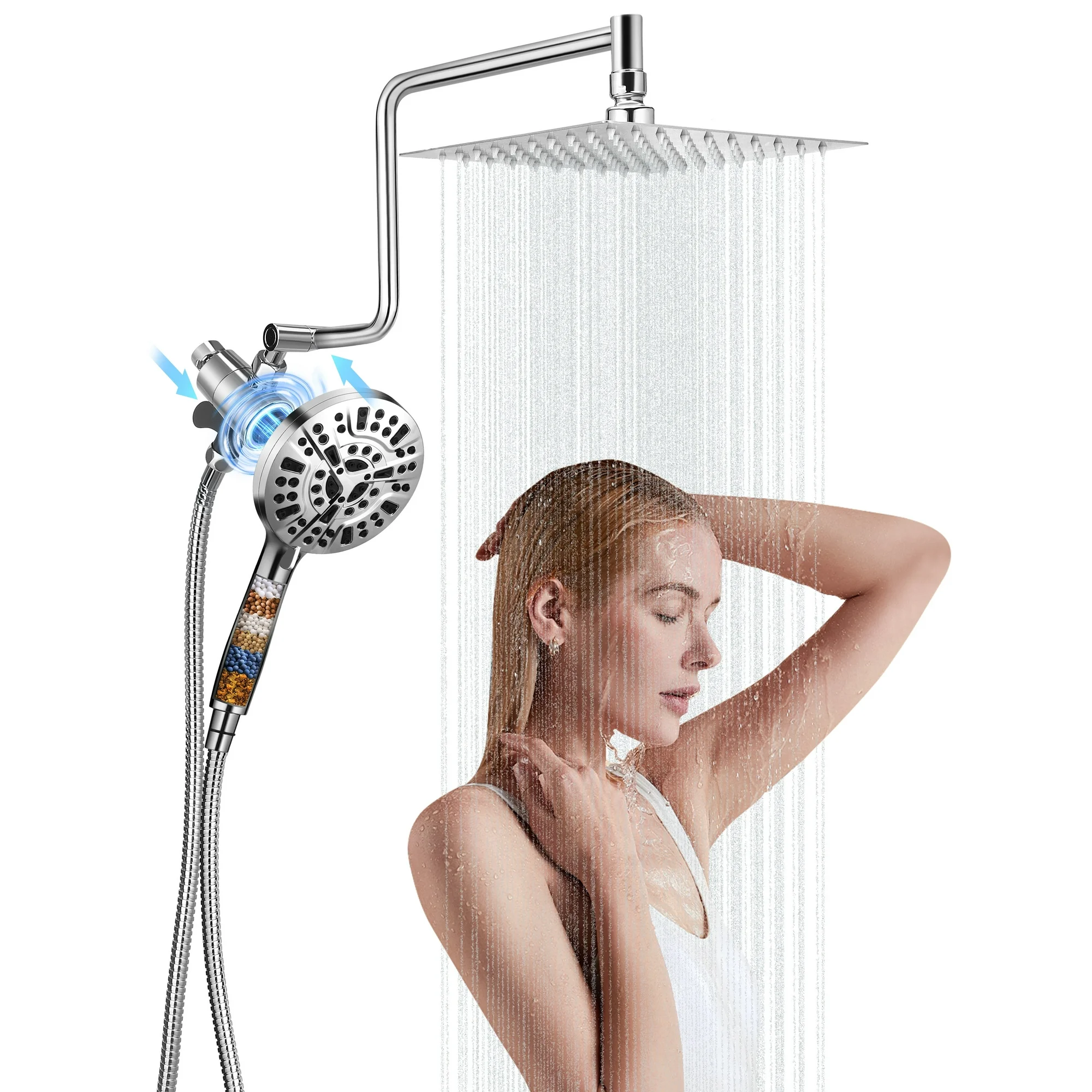 Doulami 8" Rain Shower Head Combo with Handheld, Dual Shower Head with Filter 10 Setting Handheld Showerhead with Adjustable Extension Arm