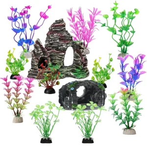 GreenJoy Fish Tank Accessories Aquarium Decorations - 13 Packs Plastic Plants Material Hideout Ornaments Small Size