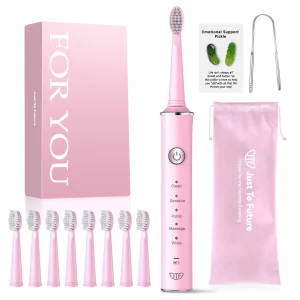 JTF Sonic Electric Toothbrush for Adults and Kids with 8 Brush Heads, Tongue Scraper and Travel Bag - FOR YOU 5 Modes Rechargeable Power Toothbrush for Family and Friends/For Home School Trips, Pink